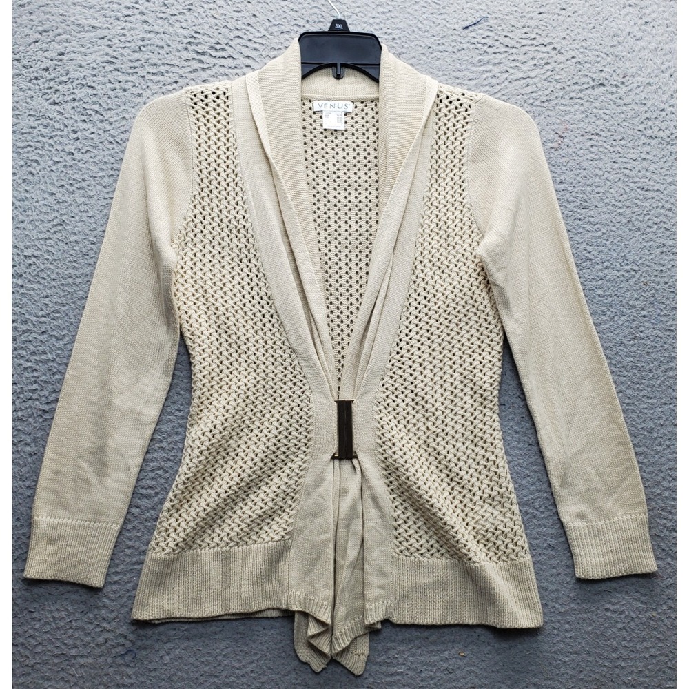 Venus Cardigan Sweater Women Small Brown Acrylic Open Knit Metal Clasp in Middle